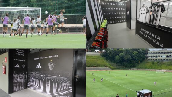 Imagens do treino do time feminino no gramado da Vila Olímpica e do novo vestiário das Vingadoras (foto: Edesio Ferreira e Rafael Cyrne/EM/D.A. Press)