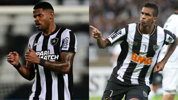 Junior Santos, atacante do Botafogo, e Jô, ex-atacante do Atlético, na Libertadores (foto: PABLO PORCIUNCULA/AFP e Alexandre Guzanshe/EM/DA Press)