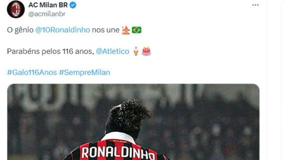 Milan citou Ronaldinho Gaúcho ao parabenizar o Atlético (foto: Reprodução)