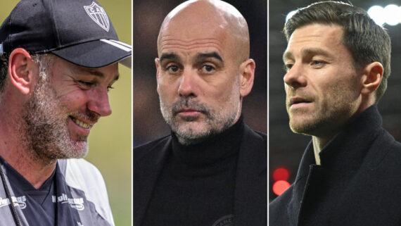 Gabriel Milito e Xabi Alonso foram comandados por Pep Guardiola ao longo da carreira como jogadores (foto: Pedro Souza/Atlético, li SCARFF / AFP e INA FASSBENDER / AFP)