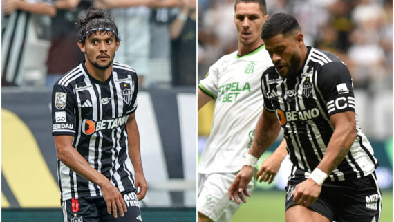 Gustavo Scarpa e Hulk, do Atlético, em ação contra o América na Arena MRV (foto: Pedro Souza/Atlético e Ramon Lisboa/EM/D.A Press)