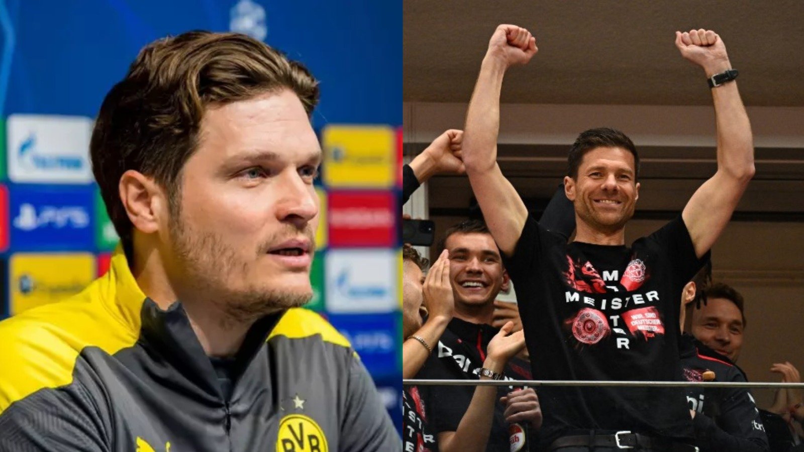 Edin Terzic, técnico do Borussia, e Xabi Alonso, treinador do Bayer Leverkusen (foto: Borussia Dortmund/Divulgação e Ina Fassbender/AFP)