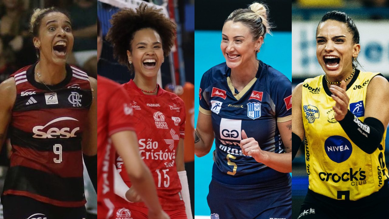 Jogadoras de Flamengo, Osasco, Minas e Praia Clube sorrindo e comemorando a classificação para a semifinal da Superliga Feminina de Vôlei (foto: Adriano Fontes/CRF, Carolina Oliveira Fotografia, Hedgard Moraes/MTC e Eliezer Esportes/ Praia Clube)
