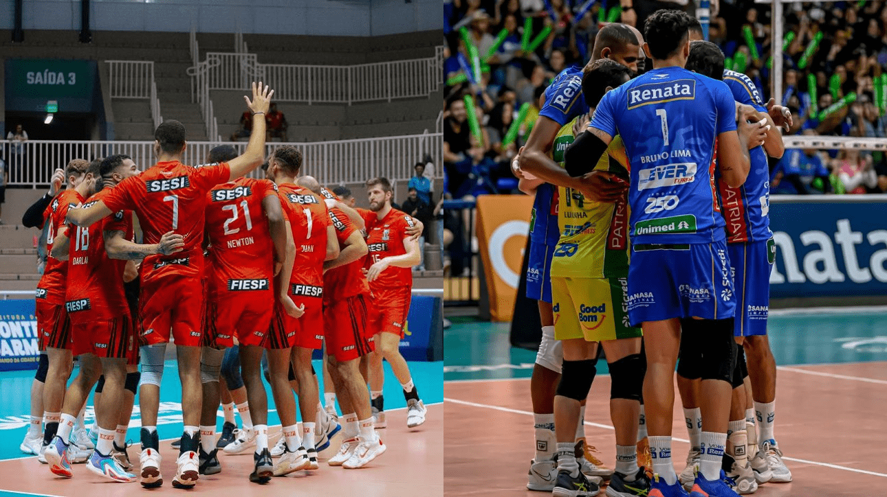 Jogadores de vôlei de Sesi Bauru e Campinas (foto: Polygrafando; Pedro Teixeira/Vôlei Renata)