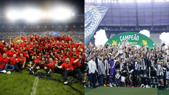 Jogadores de Sport e Ceará comemorando título do Campeonato Pernambucano e do Campeonato Cearense, rescpecticamente (foto: Paulo Paica/Sport Recife; Felipe Santos/Ceará SC
)