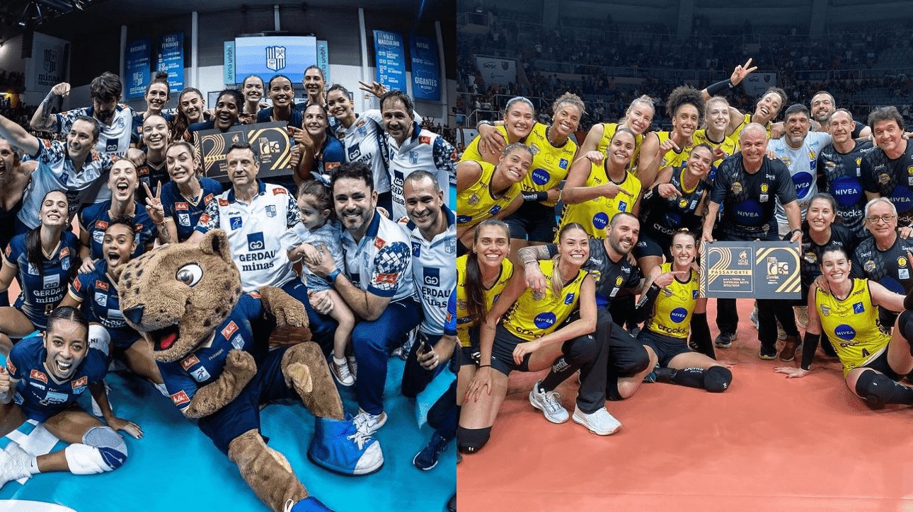Elenco de vôlei do Minas e do Praia na Superliga Feminina 2023/24 (foto: Hedgard Moraes/Minas Tênis Clube; Reprodução/Praia Clube)