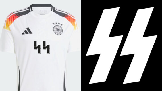Número 44 da camisa da Alemanha se assemelha ao símbolo da SS, a polícia paralela do país no nazismo (foto: Reprodução/Adidas (site) e domínio público)