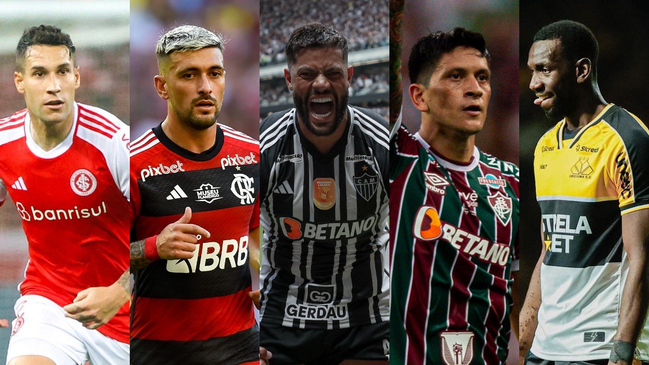 Da esquerda para a direita: Hugo Mallo, espanhol do Inter, Arrascaeta, uruguaio do Fla, Hulk, brasileiro do Galo, Cano, argentino do Flu, e Bolasie, congolês do Criciúma (foto: Ricardo Duarte/Internacional, Marcelo Cortes/Flamengo, Pedro Souza/Atlético, Marcelo Gonçalves/Fluminense e Divulgação/Criciúma)
