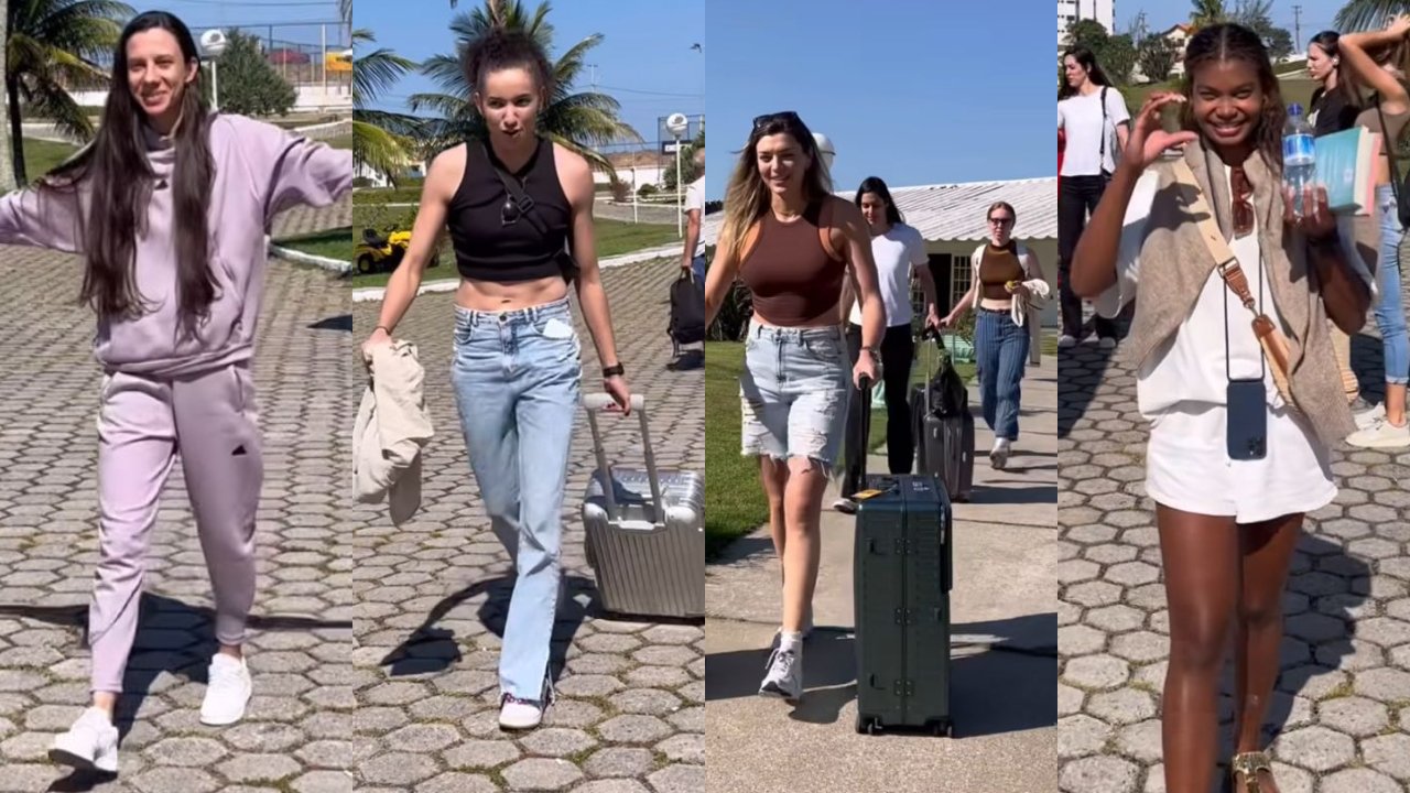 A levantadora Macris, as ponteitas Gabi Guimarães, Julia Bergmann e Rosamaria, a central Diana e a oposta Lorenne se apresentam no centro de treinamento da Seleção em Saquarema (foto: Reprodução/CBV)