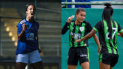 Jogadoras de Cruzeiro e América comemoram gols em goleadas sobre o Atlético, pelo Brasileiro feminino (foto: Gustavo Martins/Cruzeiro e Staff Images Woman/CBF)