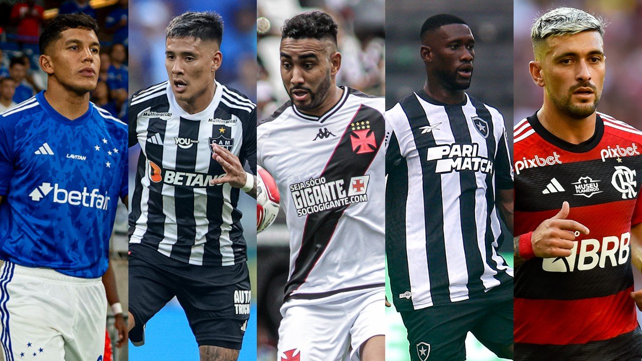 Romero e Zaracho, argentinos de Cruzeiro e Atlético, Payet, francês do Vasco, Bastos, angolano do Botafogo, e Arrascaeta, uruguaio do Flamengo (foto: Staff Imagens/Cruzeiro, Pedro Souza/Atlético, Matheus Lima/Vasco, Vitor Silva/Botafogo e Marcelo Cortes/Flamengo)
