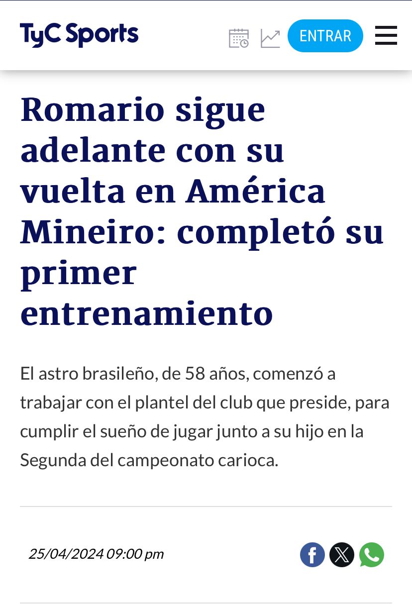Manchete do TyC Sports colocou Romário no Coelho - (foto: Reprodução/TyC Sports)