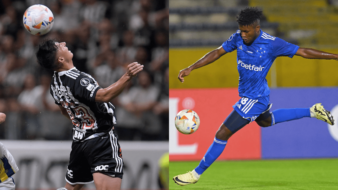 Alan Franco, do Atlético, e José Cifuentes, do Cruzeiro (foto: Douglas Magno/AFP; Rodrigo Buendia/AFP)
