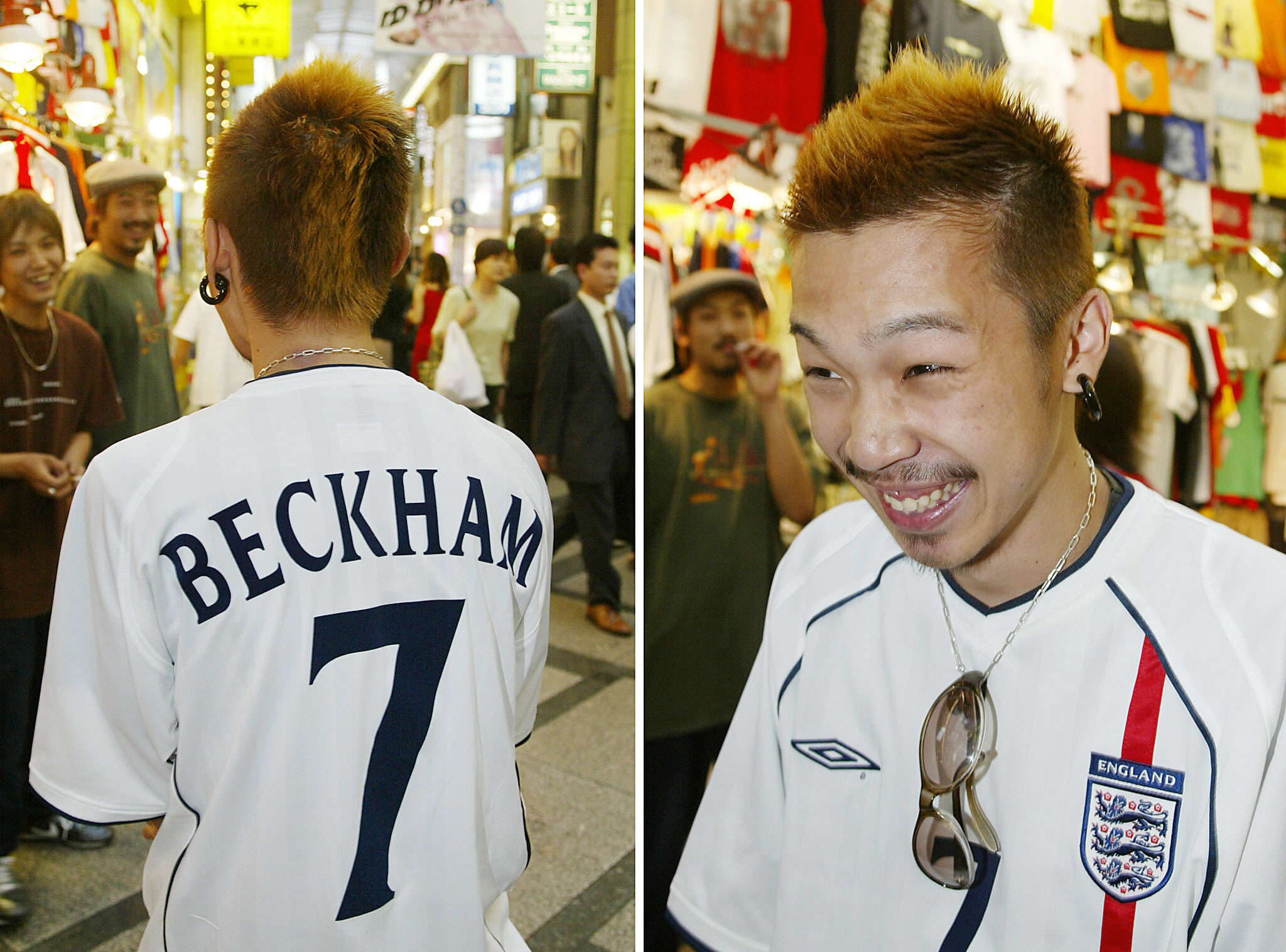 fã do ex-jogador Beckham com penteado moicano no centro de Osaka, em 19 de junho de 2002