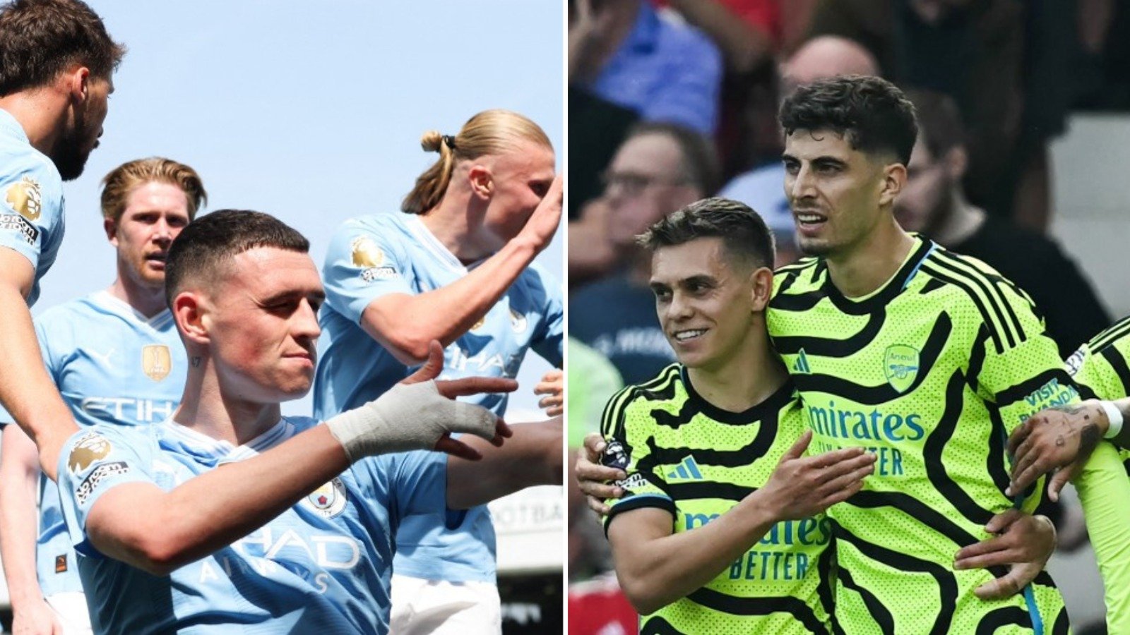 City e Arsenal brigam pelo título da Premier League (foto: Adrian Dennis/AFP e Paul Ellis/AFP)