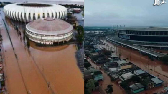 Estádios de Inter e Grêmio ficaram alagados pelas chuvas que atingiram o Rio Grande do Sul (foto: Reprodução / Internet)