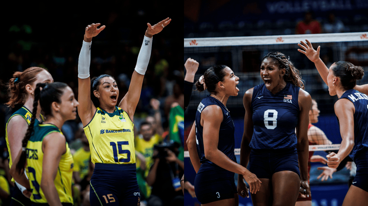 Jogadoras de vôlei de Brasil e Estados Unidos (foto: Reprodução/FIVB)