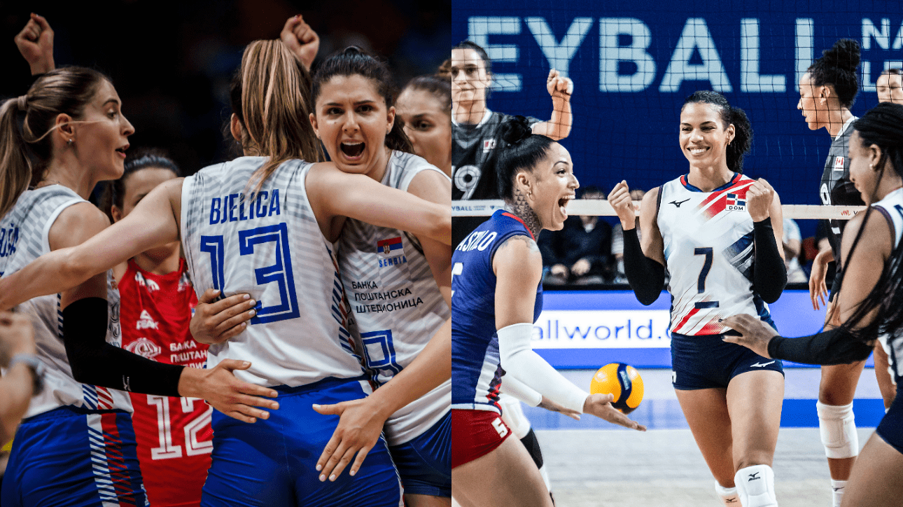 Jogadoras de vôlei de Sérvia e República Dominicana (foto: Reprodução/FIVB)