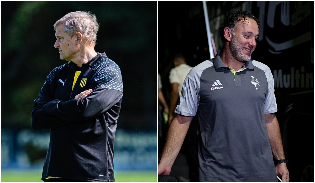 Diego Aguirre e Gabriel Milito, treinadores de Peñarol e Atlético, respectivamente (foto: Divulgação/Peñarol e Pedro Souza/Atlético)