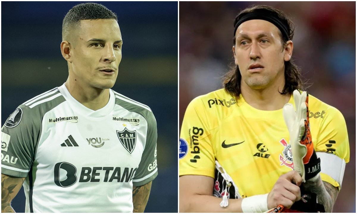 Guilherme Arana, lateral-esquerdo do Atlético, e Cássio no Corinthians (foto: Pedro Souza/Atlético e Agência Corinthians)