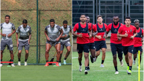 Jogadores de Atlético e Caracas em treinamentos antes de confronto pela Libertadores (foto: Daniela Veiga/Atlético e Divulgação/Caracas)