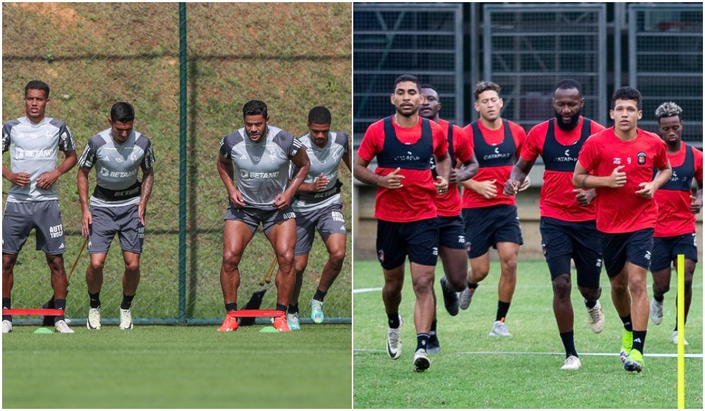 Jogadores de Atlético e Caracas em treinamentos antes de confronto pela Libertadores (foto: Daniela Veiga/Atlético e Divulgação/Caracas)