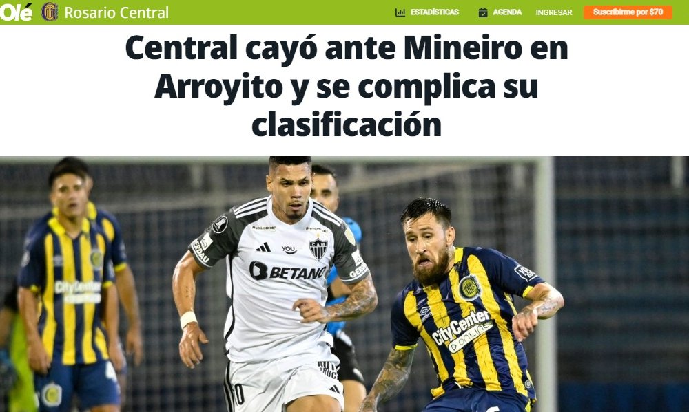 Vitória do Atlético sobre o Rosario Central sob os olhares do Olé (foto: Reprodução)