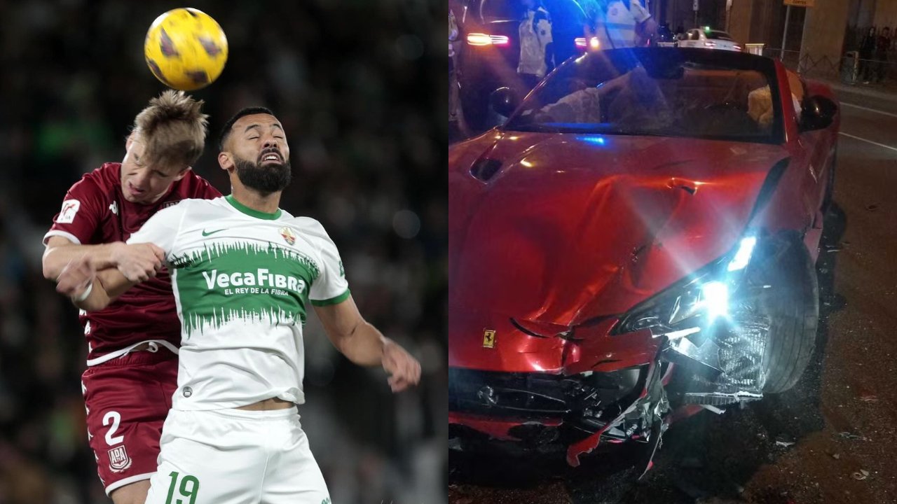 À esquerda, o atacante Dyego Sousa em ação pelo Alcorcón, à direita, a Ferrari Portofino que a esposa dele teria batido (foto: Divulgação/Alcorcón e Reprodução/Redes Sociais)