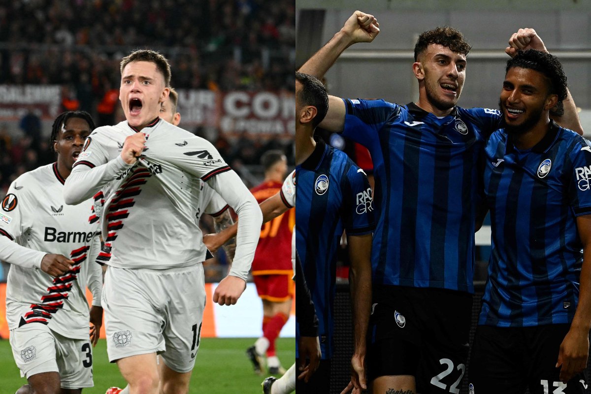 Jogadores do Bayer Leverkusen (esquerda) e Atalanta (direita) (foto: Alberto PIZZOLI / AFP e Isabella BONOTTO / AFP)