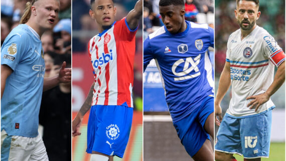 Jogadores de City, Girona, Troyes e Bahia (foto: Divulgação e AFP)
