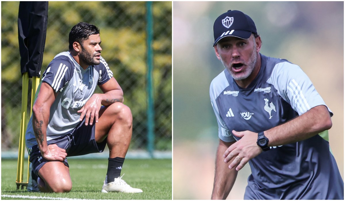 Hulk e Gabriel Milito durante treino do Atlético na Cidade do Galo (24/5) (foto: Montagem com imagens de Pedro Souza/Atlético)