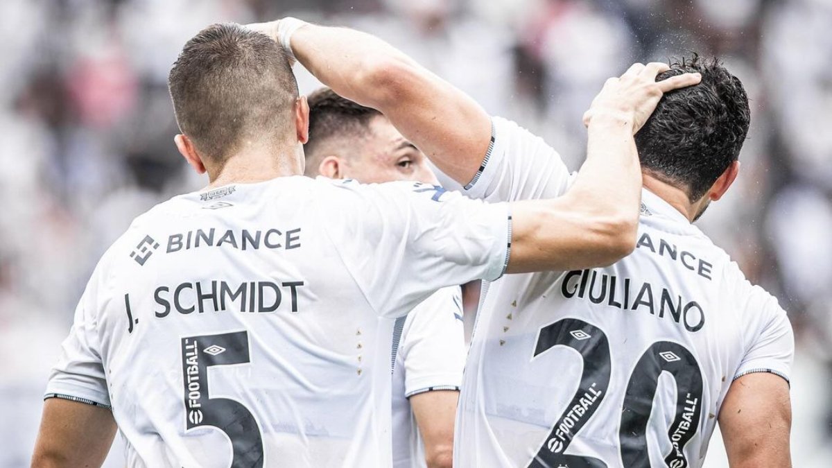 João Schmidt comemora gol do Santos com o meia Giuliano (foto: Divulgação/Santos)