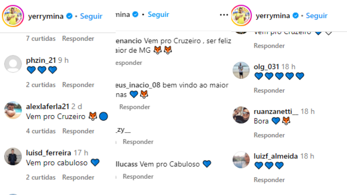 Comentários de cruzeirenses na publicação do Yerry Mina - (foto: Reprodução / Instagram)