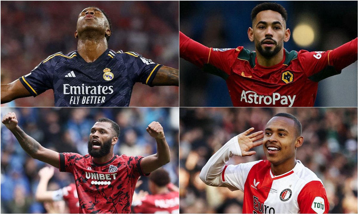 Vini Jr (Real Madrid), Matheus Cunha (Wolverhampton), Thiago (Club Brugge) e Igor Paixão (Feyenoord) (foto: Michaela STACHE / AFP, Ben Stansall / AFP, BRUNO FAHY / BELGA / AFP, MAURICE VAN STEEN / ANP / AFP)