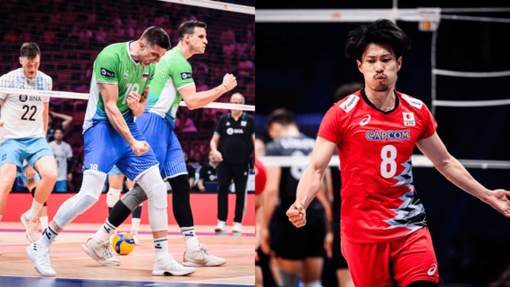 Jogadores de vôlei de Eslovênia e Japão na VNL (foto: Reprodução/FIVB)