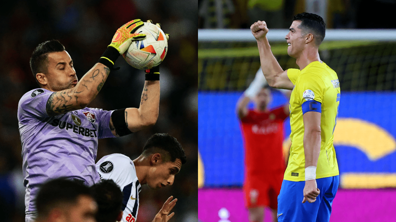 Fábio, goleiro do Fluminense, e Cristiano Ronaldo, atacante do Al-Nassr (foto: Pablo Porciuncula/AFP; Fayez Nureldine/AFP)