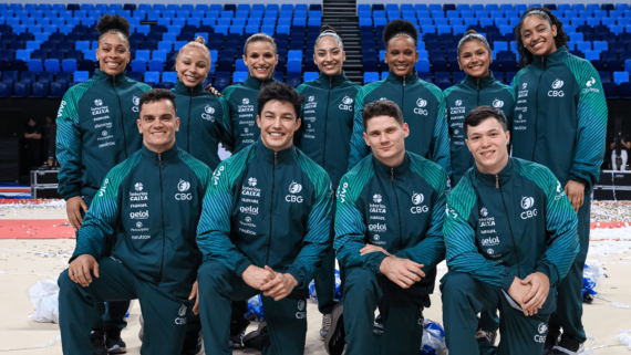 Flávia Saraiva, Jade Barbosa, Julia Soares, Lorrane Oliveira, Rebeca Andrade, Arthur Nory e Diogo Soares, representantes da ginástica brasileira na Olimpíada de Paris (foto: Divulgação/CBG)