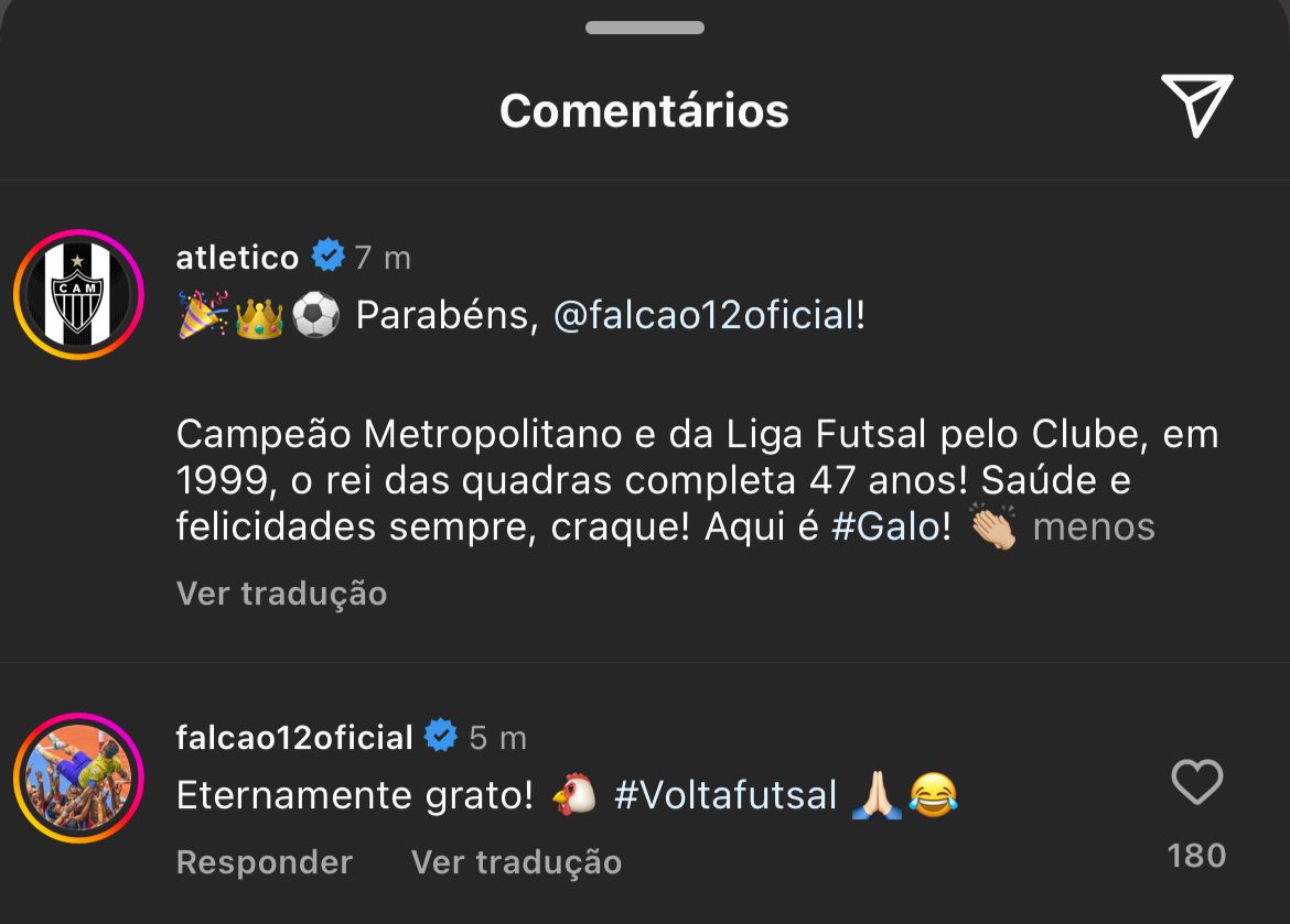 Comentário de Falcão em postagem de aniversário do Atlético - (foto: Reprodução/Instagram)