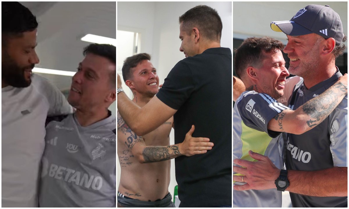 Bernard ao lado de Hulk, Victor e Milito na Cidade do Galo (foto: Reprodução/Galotv e Pedro Souza/Atlético)