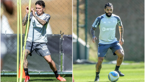 Bernard em trabalho físico e Otávio em atividades com bola na Cidade do Galo (foto: Montagem com imagens de Pedro Souza/Atlético)