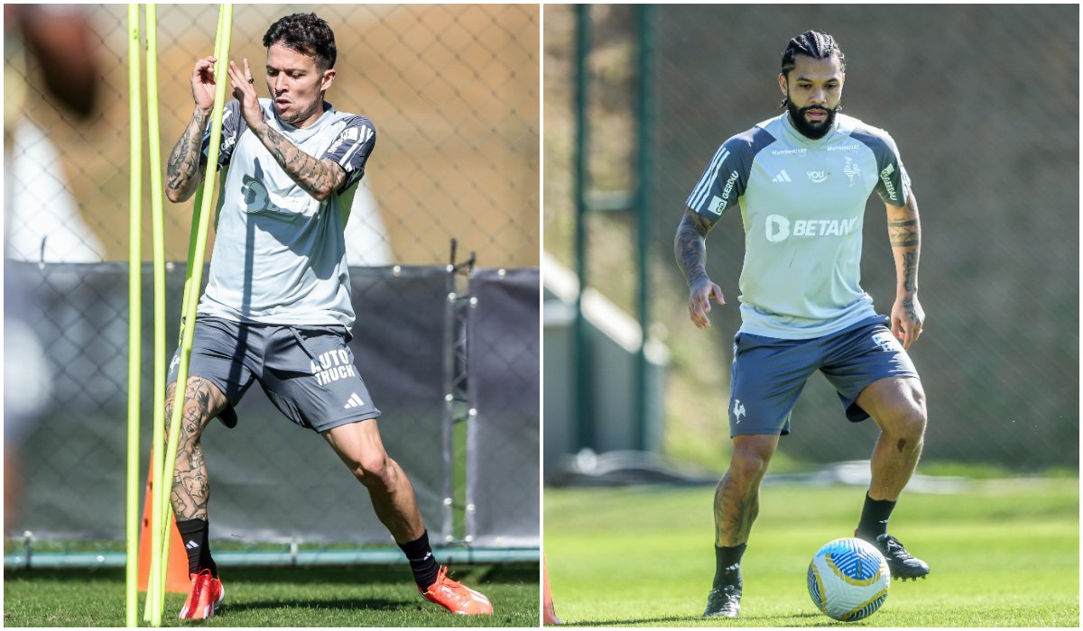 Bernard em trabalho físico e Otávio em atividades com bola na Cidade do Galo (foto: Montagem com imagens de Pedro Souza/Atlético)