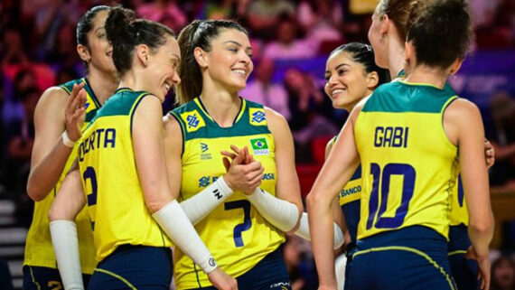 Brasil comemora vitória sobre a Alemanha na Liga das Nações (foto: Reprodução/FIVB)