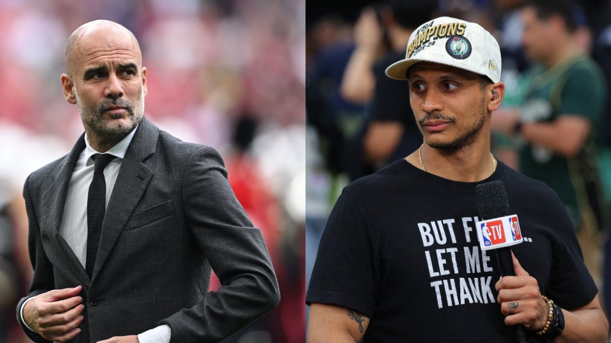 Pep Guardiola, técnico do Manchester City, é considerado grande influência para Joe Mazzulla, do Boston Celtics (foto: JUSTIN TALLIS/AFP e MIKE LAWRIE/AFP)