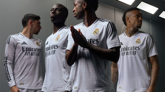 Valverde, Mendy, Vini Jr. e Militão com a nova camisa do Real Madrid para a temporada 2024/2025 (foto: Divulgação/Real Madrid)