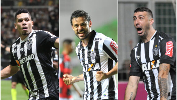 Paulinho, Fred e Lucas Pratto: três dos 10 maiores artilheiros do Atlético no século (foto: Edésio Ferreira/EM/D.A Press, Juarez Rodrigues/EM/D.A Press e Rodrigo Clemente/EM/D.A Press)