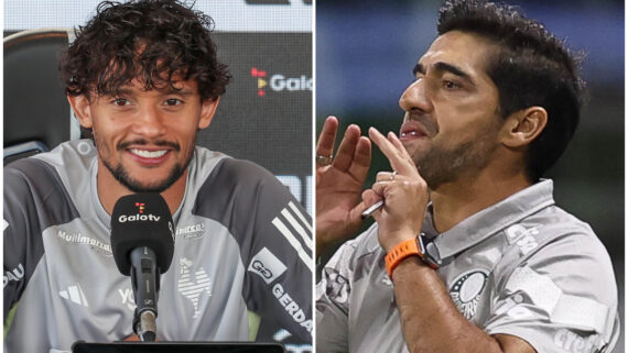 Scarpa em entrevista coletiva pelo Atlético e Abel Ferreira durante jogo do Palmeiras (foto: Pedro Souza/Atlético e César Greco/Palmeiras)