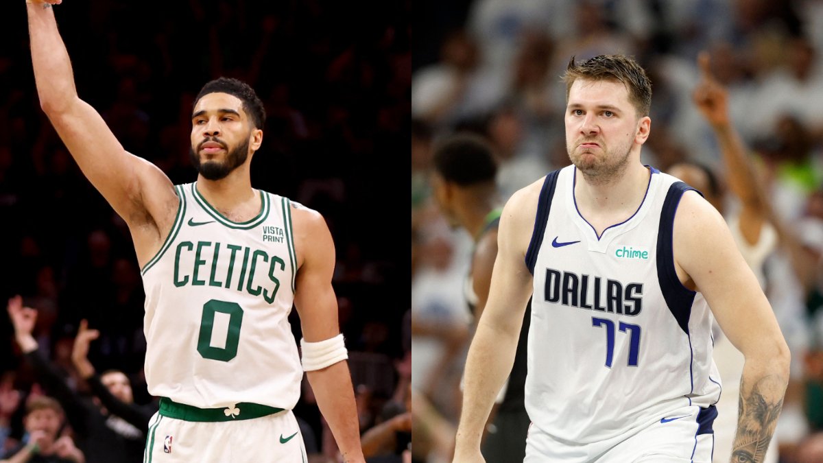 Jayson Tatum e Luka Doncic (foto: Maddie Meyer / AFP e David Berding / AFP)