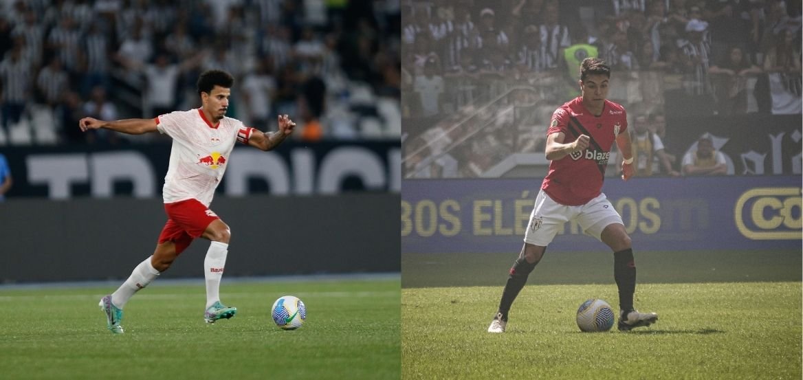 Lucas Evangelista, do Bragantino e Alejo Cruz, do Atlético-GO (foto: Ari Ferreira/Red Bull Bragantino e Divulgação/Atlético-GO)