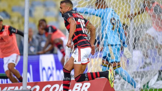 Fabrício Bruno comemora o gol da vitória do Flamengo sobre o Cruzeiro, no Maracanã (foto:  Marcelo Cortes/Flamengo)