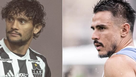 Gustavo Scarpa e Willian Bigode jogaram juntos no Palmeiras (foto: Pedro Souza/Atlético e Raul Baretta/Santos)